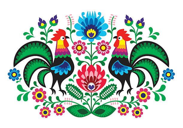 polish folk art floral embroidery with cocks - traditional folk pattern - poland 幅插畫檔、美工圖案、卡通及圖標