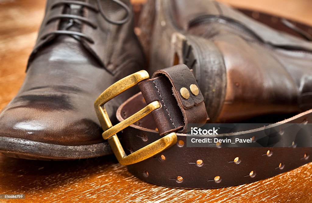 Mens Shoes And Leather Belt Brown With Gold Buckle Stock Photo - Download  Image Now - iStock