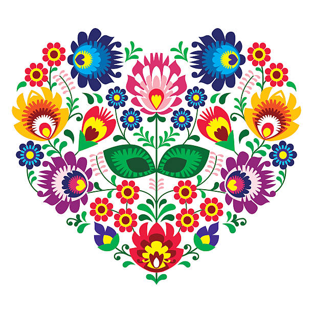 Polish folk art art heart embroidery with flowers Decorative traditional vector patterns set - paper cut out style isolated on white polish culture stock illustrations