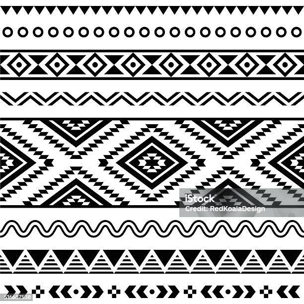 Племенной Бесшовный Узор Ацтеков Белый На Черный Фон — стоковая векторная графика и другие изображения на тему Узор