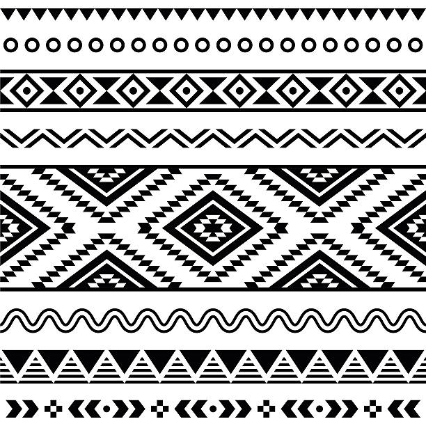 tribal seamless aztec white pattern on black background - meksika kültürü stock illustrations