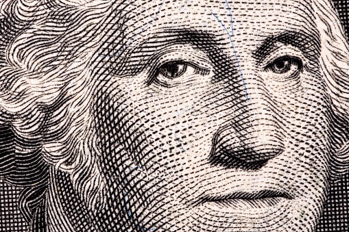 George Washington, a close-up portrait on US one dollar