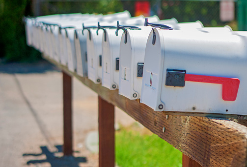 Line of the American Post Office Boxes Outside. Horizontal Image Composition.