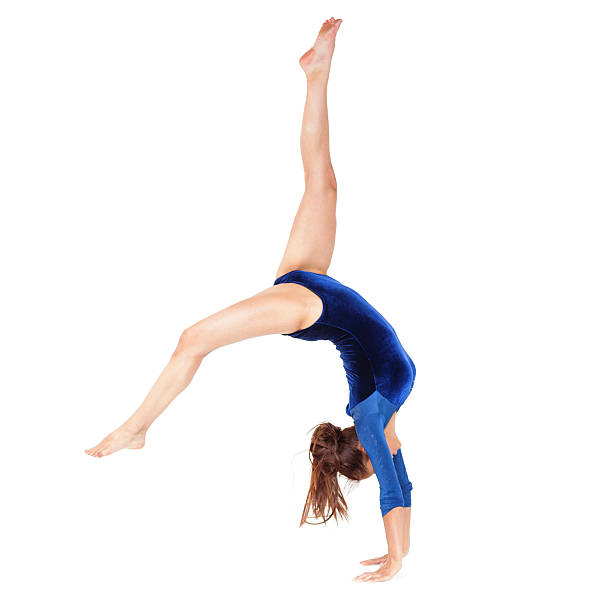 open flic-flac girl doing open backhand handspring on white handspring stock pictures, royalty-free photos & images