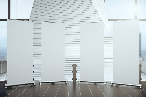 istock Blank posters on wooden floor in futuristic interior hall 516715432