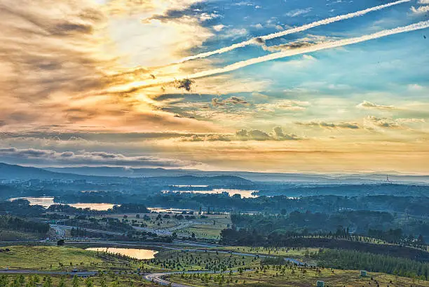 Canberra, panorama, arboretum, Australia, Lake, Sunrise, Dawn, city