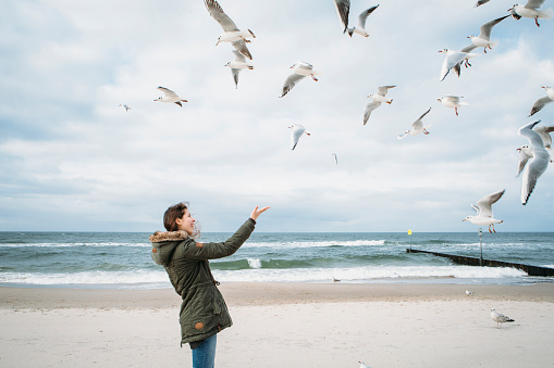 young woman stand at the beach of the baltic and feeds seagulls