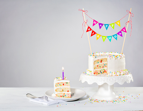 Confetti Buttercream birthday cake with colorful bunting and sprinkles over white background