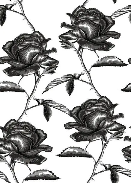 Vector illustration of black and white seamless background with roses with stem and leaves.