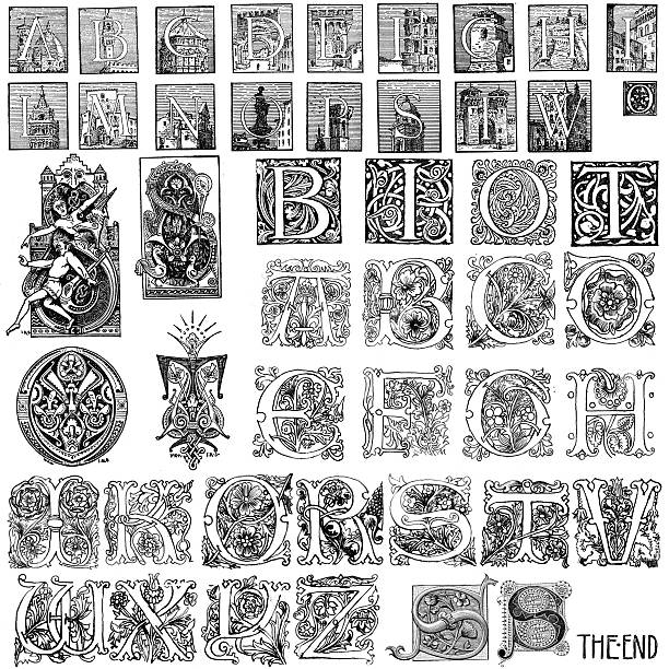 Miscellaneous retro vintage capital letters Vintage engraving of miscellaneous retro vintage capital letters medieval illuminated letter stock illustrations