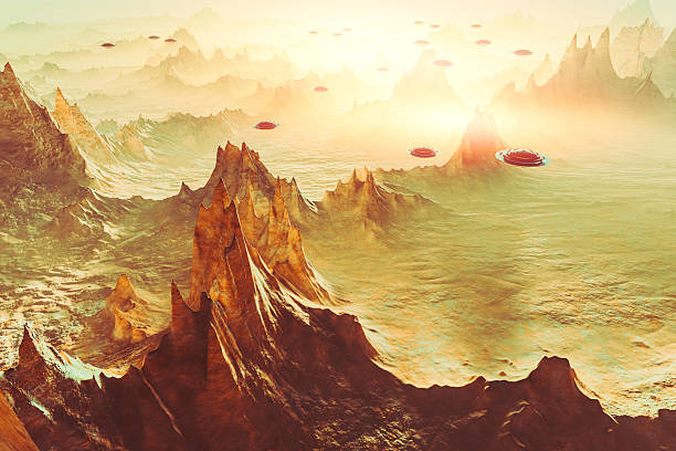 istock Flying UFOs over strange alien landscape 516724272