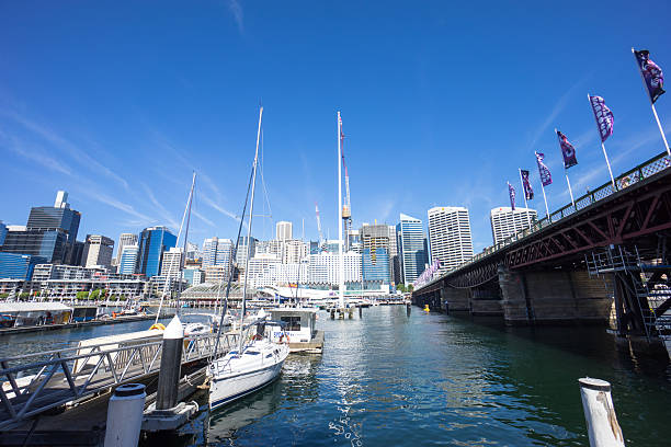 porto querida sydney durante claro brilhante céu - darling harbor imagens e fotografias de stock