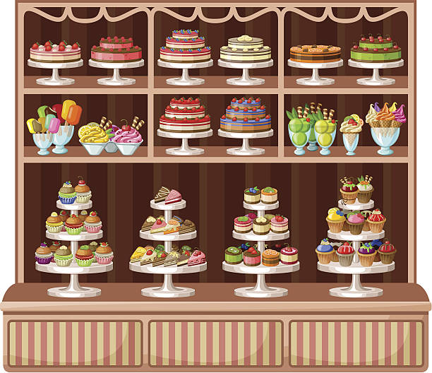 Store of sweets and bakery. Vector illustration. It is created in the CorelDraw program. It is edited in the Adobe Illustrator program. It is kept in illustrator eps version 8. display cabinet stock illustrations