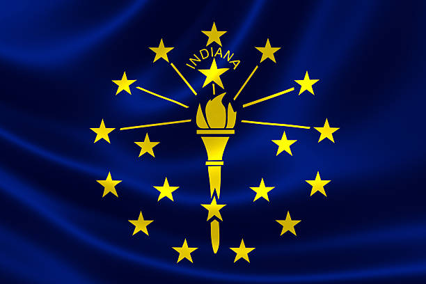 Indiana State Flag 3D rendering of the flag of Indiana on satin texture. us state flag stock pictures, royalty-free photos & images
