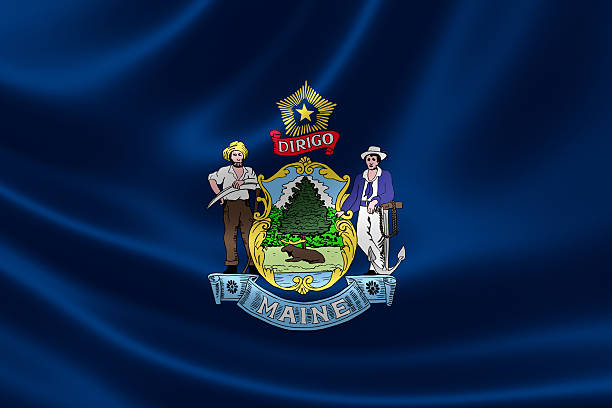 Maine State Flag 3D rendering of the flag of Maine on satin texture. us state flag stock pictures, royalty-free photos & images