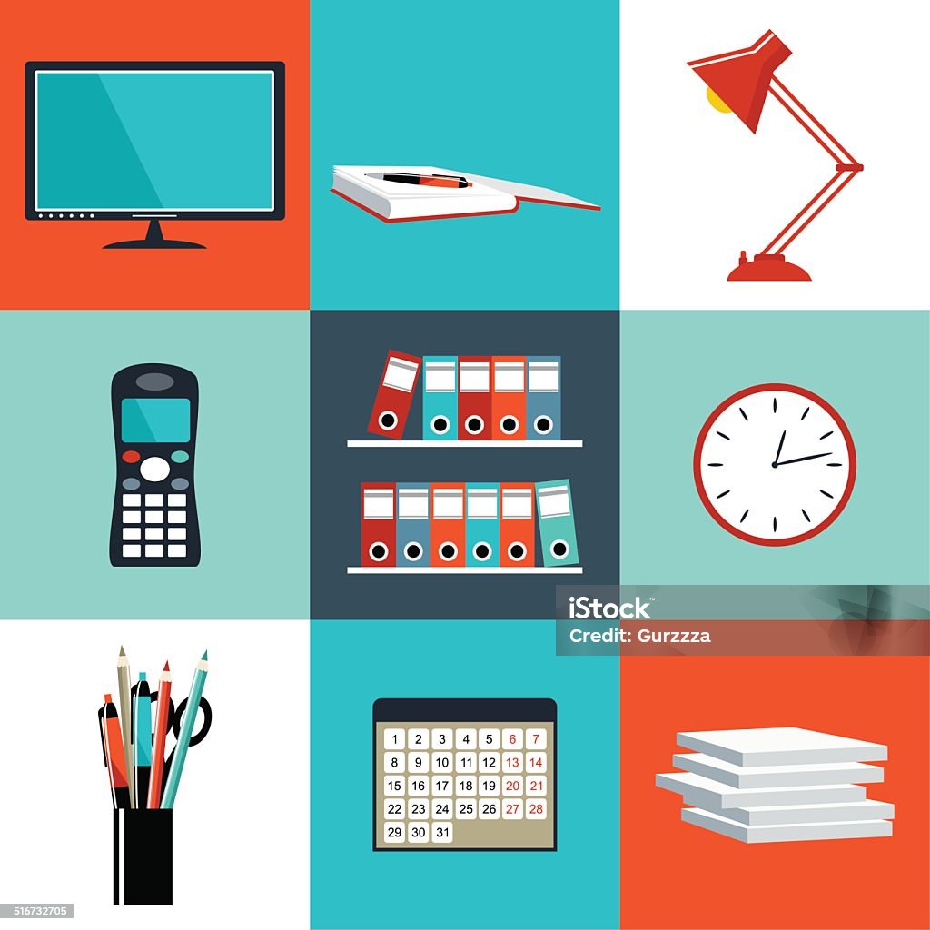 Flat vector set of office things, equipment, objects Vector illustration. It is created in the CorelDraw program. It is edited in the Adobe Illustrator program. It is kept in illustrator eps version 8. Blue stock vector