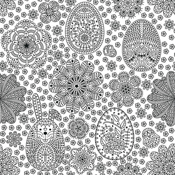 継ぎ目のないパターン、イースターエッグとホワイトのイースターのウサギ。 - outline flower style whisker点のイラスト素材／クリップアート素材／マンガ素材／アイコン素材