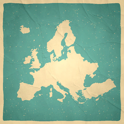 Map of Europe with a retro style, a vintage effect on an old textured paper.