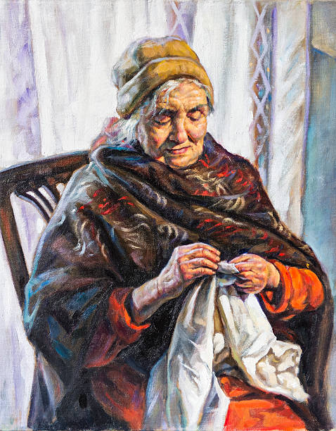 Aceite Retrato de una abuela que cose - foto de stock