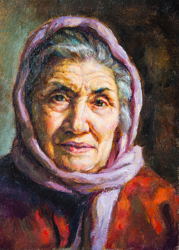 oil painting on canvas of an elderly woman with scarf