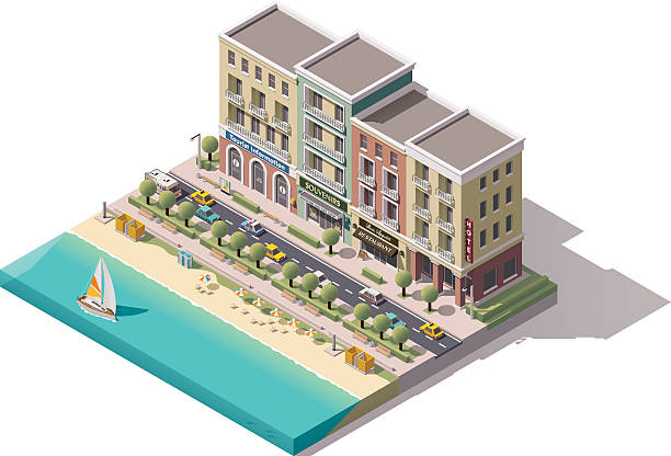 Vector isometric town street Isometric town street with tourism related buildings facade stock illustrations