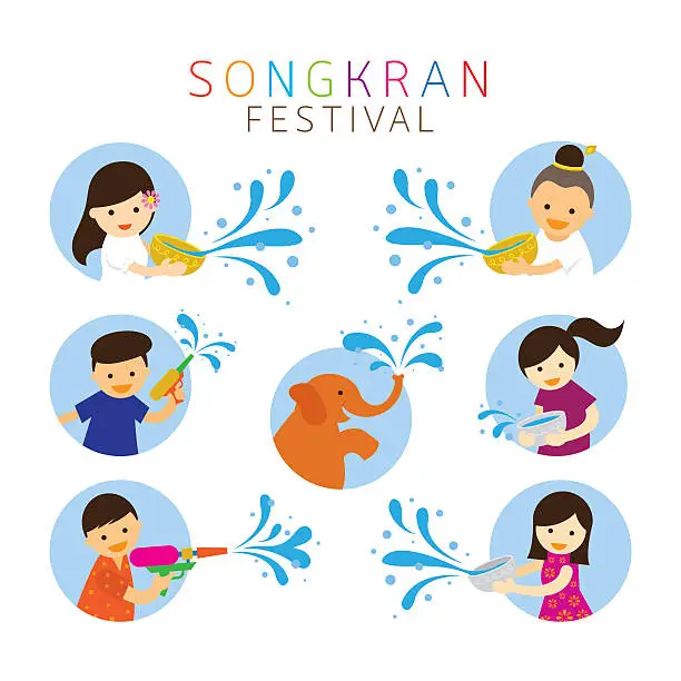 Vector illustration of Songkran Festival, Kids Character Playing Water