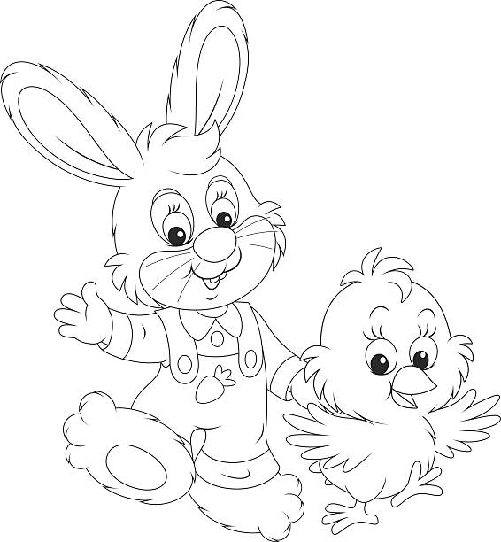 Bunny and Chick Black and white vector illustration of a little rabbit and a chicken walking together and waving in greeting hare and leveret stock illustrations