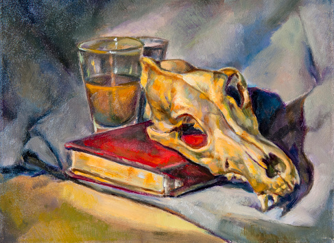oil painting on canvas of a glass cup, a book and a skull