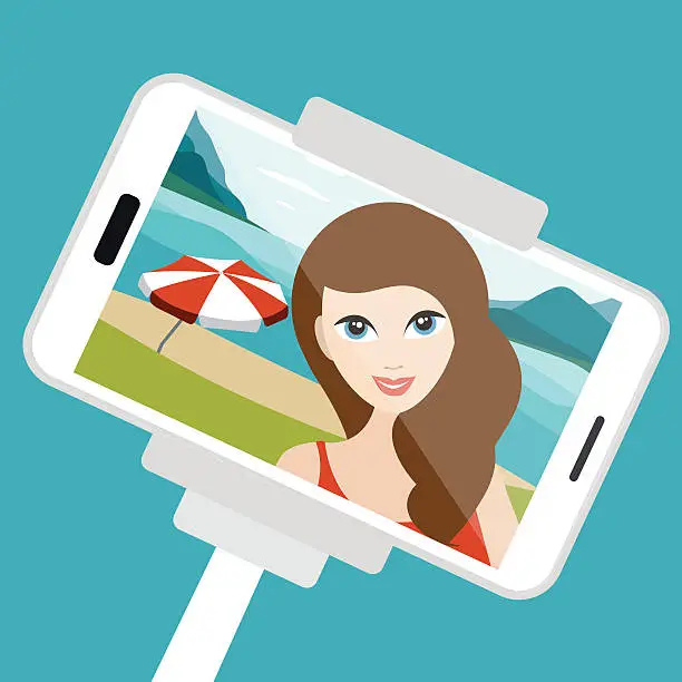 Vector illustration of Girl, woman selfie photo on the summer beach. Selfie set.