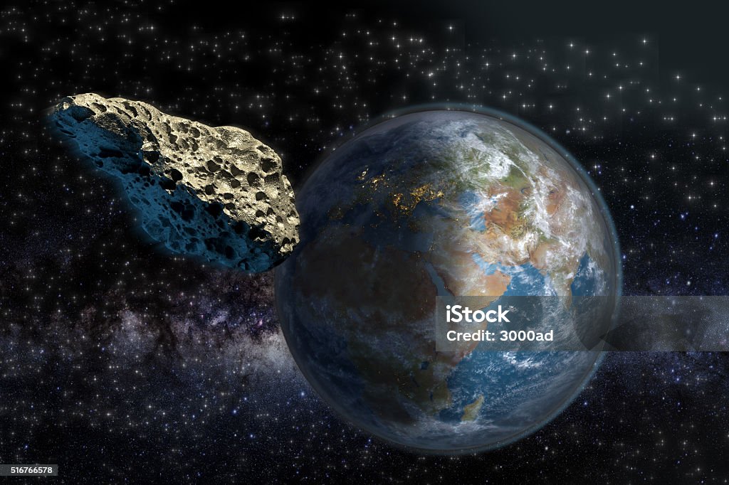 Asteroid close to Earth Asteroid on a collision course with Earth. Elements of this illustration furnished by NASA. The 3D mapping of Earth background uses a file provided under general permission by NASA on the following link: http://www.nasa.gov/multimedia/guidelines Asteroid Stock Photo