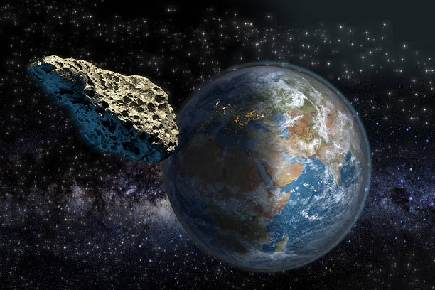 Asteroid close to Earth Asteroid on a collision course with Earth. Elements of this illustration furnished by NASA. The 3D mapping of Earth background uses a file provided under general permission by NASA on the following link: http://www.nasa.gov/multimedia/guidelines meteor crater photos stock pictures, royalty-free photos & images