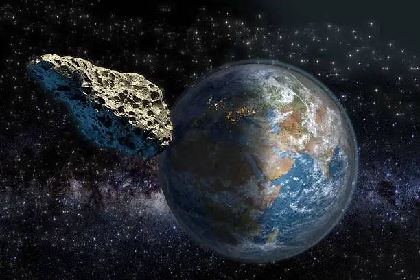 Asteroid on a collision course with Earth. Elements of this illustration furnished by NASA. The 3D mapping of Earth background uses a file provided under general permission by NASA on the following link: http://www.nasa.gov/multimedia/guidelines