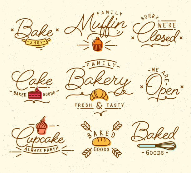 Flat bakery symbols brown Flat bakery symbols in vintage style drawing with brown lines on beige background bread borders stock illustrations