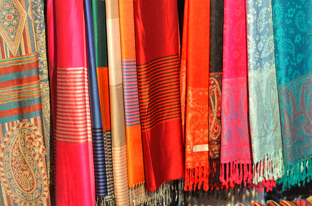 beautiful silk and cotton scarfs stock photo