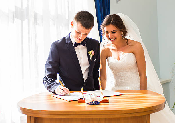 istock Wedding couple leaving their signatures 516768844