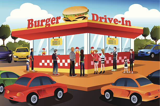 人のハンバーガーを注文には、ドライブインハンバーガーレストラン - drive in restaurant点のイラスト素材／クリップアート素材／マンガ素材／アイコン素材