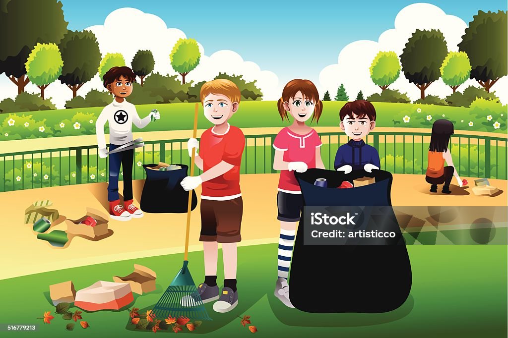 Kids volunteering cleaning up the park A vector illustration of kids volunteering cleaning up the park Cleaning stock vector