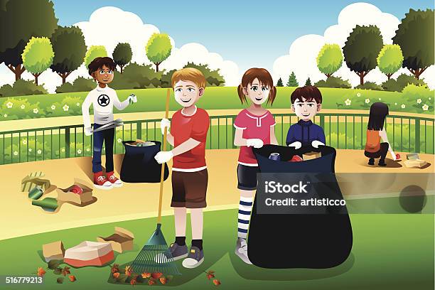 Kids Volunteering Cleaning Up The Park Stock Illustration - Download Image Now - Cleaning, Public Park, Clip Art