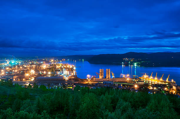 The port city of Murmansk in the evening stock photo