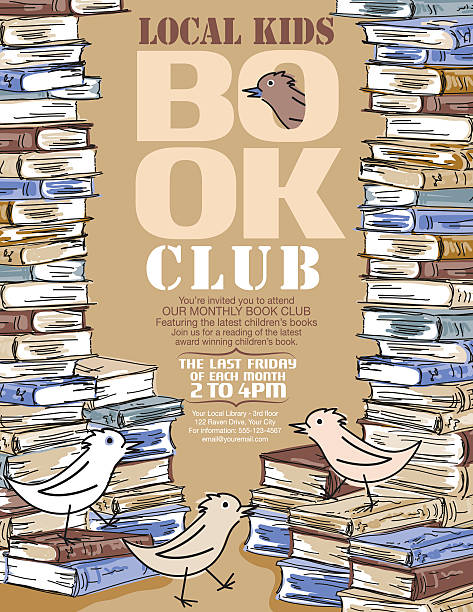 Bright Children's Book Club Poster Template Doodle Style Children's Book Club Poster.  There is an assortment of books on the sides with a big section for text. A few cartoon birds and two bunting flag decorations. book club stock illustrations