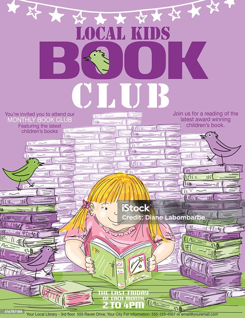 Library Kids Book Club Poster Template Doodle Style Children's Book Club Poster.  There is an assortment of books on the sides with a big section for text. In the background there are piles of books. A little girl is reading at the desk. Book Fair stock vector