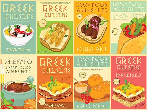ilustrações de stock, clip art, desenhos animados e ícones de comida grega conjunto de cartazes - opa! souvlaki of greece