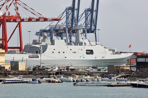 Port of Djibouti, Republic of Djibouti - February 8, 2016: Chinese warship in the port of Djibouti