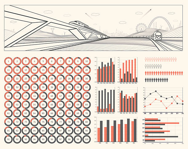 инфраструктуры и транспорта иллюстрация, и инфографика - urban scene railroad track train futuristic stock illustrations