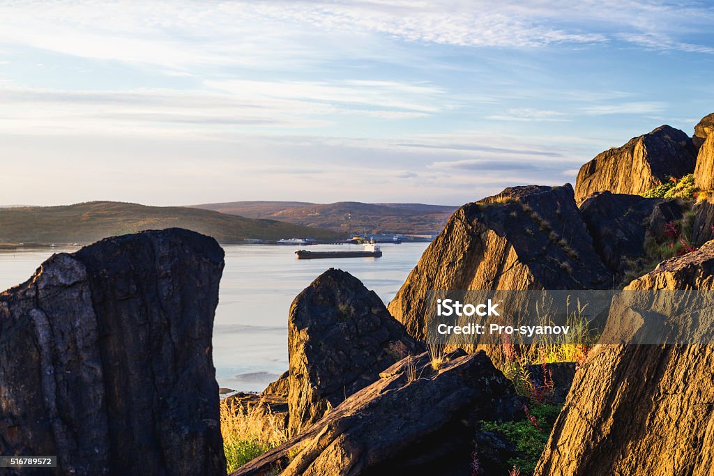 Ships anchored in the Kola Bay Autumn landscape in the Murmansk region of Russia. Murmansk Stock Photo