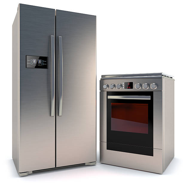 istock refrigerator with a gas stove with oven isolated on white background 516789736