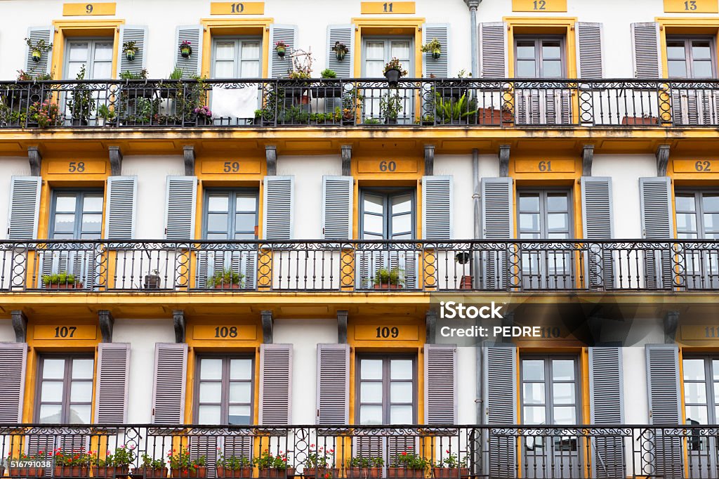 Balconies of Plaza de la Constitucion Balconies in "Plaza de la Constitucion", in San Sebastian, Basque Country. Architecture Stock Photo