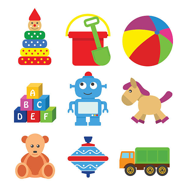 illustrations, cliparts, dessins animés et icônes de ensemble de jouets pour enfants avec un téléviseur. - bébé cubes