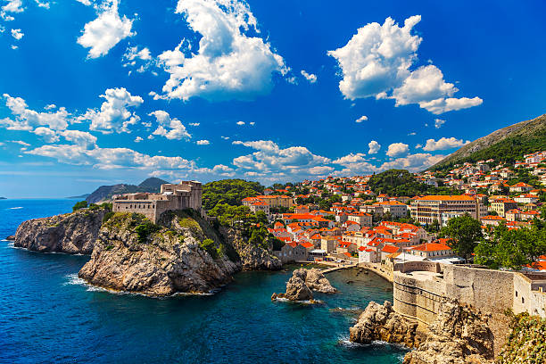 City of Dubrovnik Croatia. South Dalmatia. General view of Dubrovnik - Fortresses Lovrijenac (left side) and Bokar seen from south old walls (it is on UNESCO World Heritage List since 1979) dubrovnik stock pictures, royalty-free photos & images