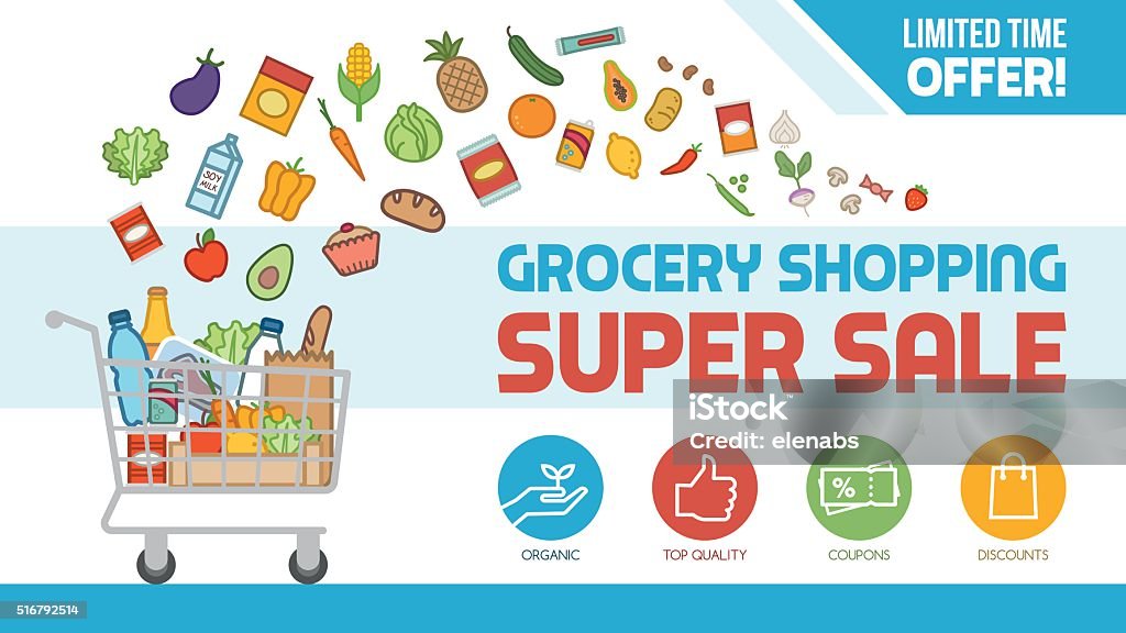 Grocery shopping Grocery discount shopping banner with shopping cart filled with food and products, offers and sales concept Supermarket stock vector